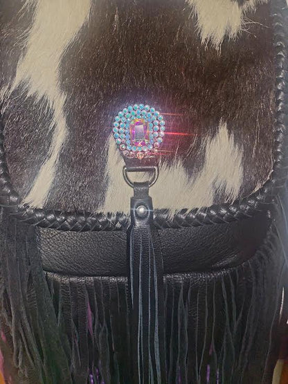 Leather Hair-On Cowhide Cross-Body Fringe Bag W/ Crystals