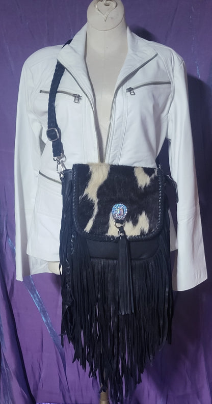 Leather Hair-On Cowhide Cross-Body Fringe Bag W/ Crystals