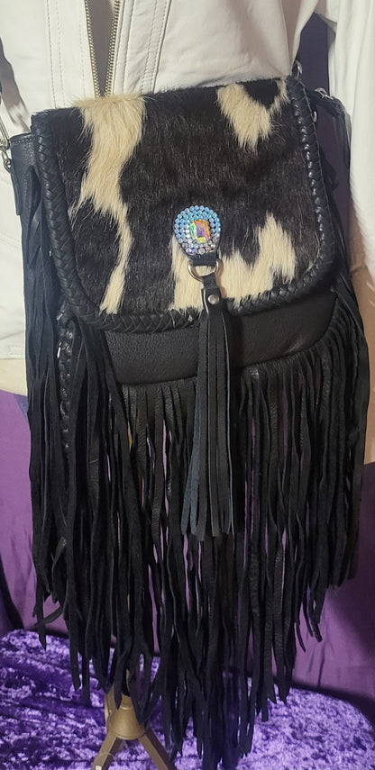 Leather Hair-On Cowhide Cross-Body Fringe Bag W/ Crystals